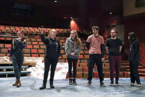 Director Bernadette Sweeney of the University of Montana’s School of Visual and Media Arts shows students the set build before their first rehearsal of "A Midsummer Night's Dream” at the Montana Theatre on January 31, 2024.