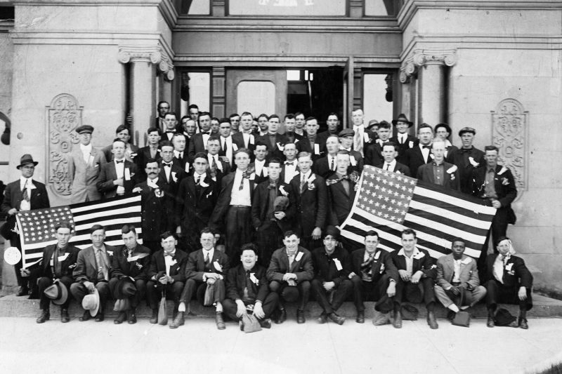 Group of World War I inductees from Anaconda, taken at the Deer Lodge County Courthouse (June 28, 1918)