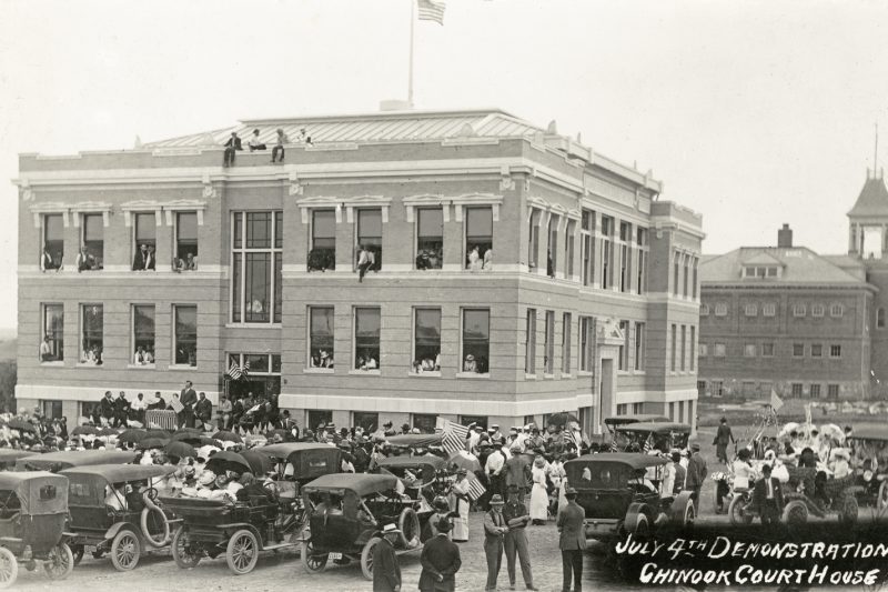 July 4th Demonstration, [Gathering at Blaine COunty Courthouse].
July 4, 1917