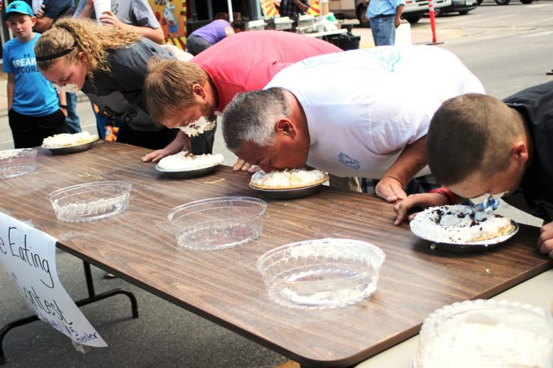 Valiant competitors in the 2018 pie-eating contest were Kate Simpson, winner Derek Cook, Rudy Burch, and Scotty Harrison.