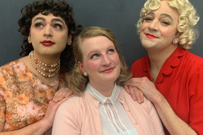 Zach French (Jack/Stephanie), Bridget Smith (Meg), and Brennan Buhl (Leo/Maxine) gleefully discover embodying the role of leading lady requires more than lipstick and heels.
