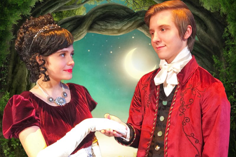 Gabby Pickert, playing Snow White, and Tyler Williamson, playing Prince Florimond, meet in the enchanted forest in WTC’s production of 