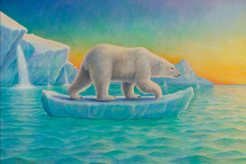 Monte Dolack captures the imperiled arctic polar bear and its vanishing landscape with “Ice Bear.”