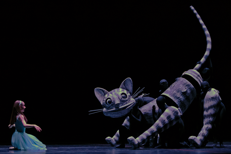 Alice meets the Cheshire Cat in Queen City Ballet's production, featuring sets and costumes by Sandra Kerr of International Ballet School in Denver.