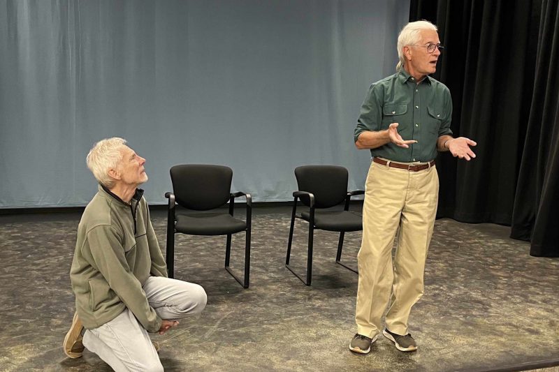 Bruce Hall and Robert Gregori rehearse Hall's play Bobby and Dale and the Mystery of the Old Red Barn.