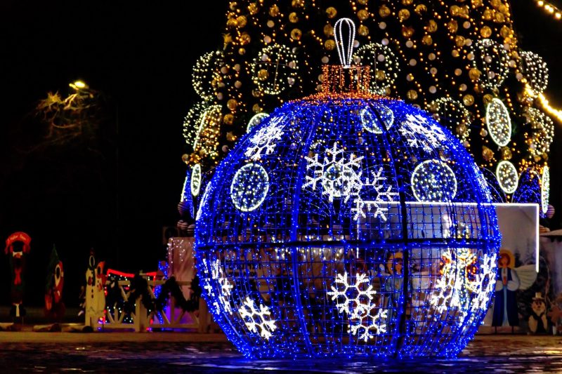 Large illuminated Christmas bauble is on display at Holiday Nights at ZooMontana. 